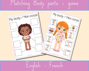 Body Parts Matching Game, Preschool Learning Activity, Bilingual Homeschool Educational Tool, English French