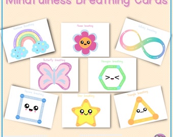 Op de afbeelding: Een set printbare mindfulness-ademhalingskaarten met verschillende vormen en ontwerpen, waaronder een regenboog, een bloem, een oneindigheidssymbool, een vlinder, een zeshoek, een vierkant, een ster en een driehoek. Elke kaart heeft een schattig cartoongezicht en instructies voor ademhalingsoefeningen.