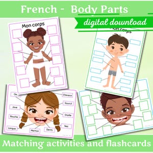 Flashcards e atividades de partes do corpo para pré-escola, educação domiciliar, flashcards para crianças pequenas, francês. Download instantâneo