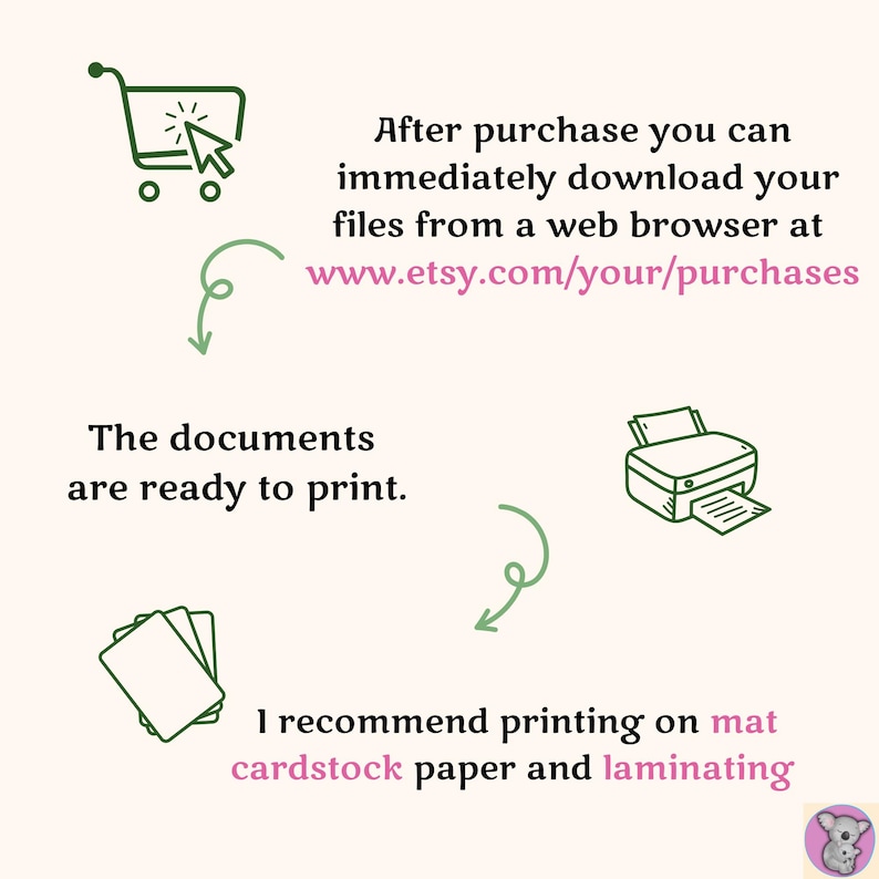 How to download and print your Father's Day card: purchase on Etsy, download immediately from etsy.com/your/purchases, then print. Recommended: mat cardstock paper and laminating.