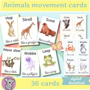 Animal movement cards, children movement break activity, action cards for brain break, circle time, Montessori flashcards, digital download