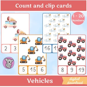 Carte di conteggio e clip per il trasporto, attività di conteggio n. 1-20, gioco di riconoscimento dei numeri, matematica stampabile per bambini in età prescolare e per bambini piccoli