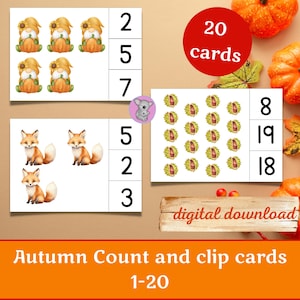 Carte da contare e ritagliare autunnali, schede didattiche con i numeri dall'1 al 20, attività di conteggio per bambini in età prescolare, download digitale.