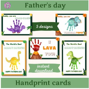 5 printable Father's Day dinosaur handprint card designs: Roar-Some, Daddy-Saurus, I Lava You volcano card, and Tricera-Tops. Instant download. Father's Day handprint craft for toddlers and kids.