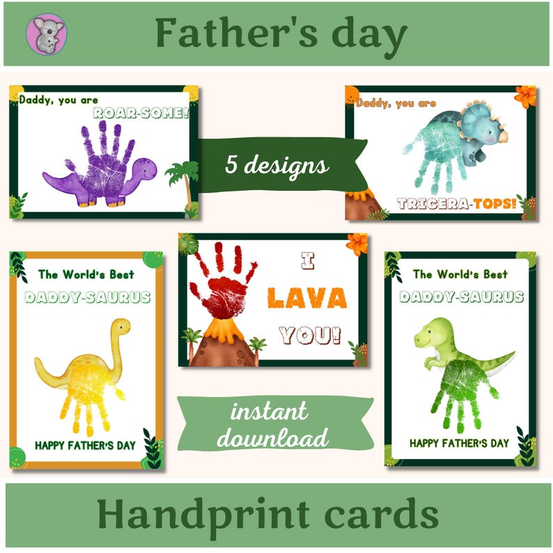 5 printable Father's Day dinosaur handprint card designs: Roar-Some, Daddy-Saurus, I Lava You volcano card, and Tricera-Tops. Instant download. Father's Day handprint craft for toddlers and kids.