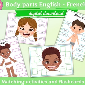Schede didattiche e attività bilingue sulle parti del corpo per la scuola materna, l'istruzione a casa e i bambini piccoli, in francese e inglese.