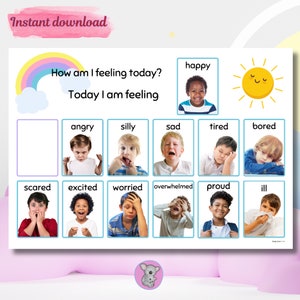 K&ouml;nnte beinhalten: Ein farbenfrohes Diagramm mit einem Regenbogen und einer Sonne, das fragt "Wie f&uuml;hle ich mich heute?" und "Heute f&uuml;hle ich mich..." mit einer Vielzahl von Emotionen, die durch Kindergesichter dargestellt werden, darunter gl&uuml;cklich, w&uuml;tend, albern, traurig, m&uuml;de, gelangweilt, &auml;ngstlich, aufgeregt, besorgt, &uuml;berfordert, stolz und krank.