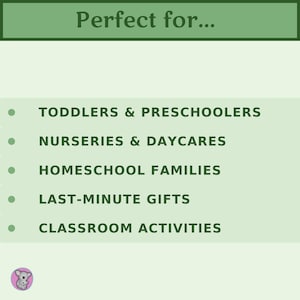 "Perfect for..." list showing printable Father's Day card is ideal for toddlers, preschoolers, nurseries, daycares, homeschool families, last-minute gifts, and classroom activities.
