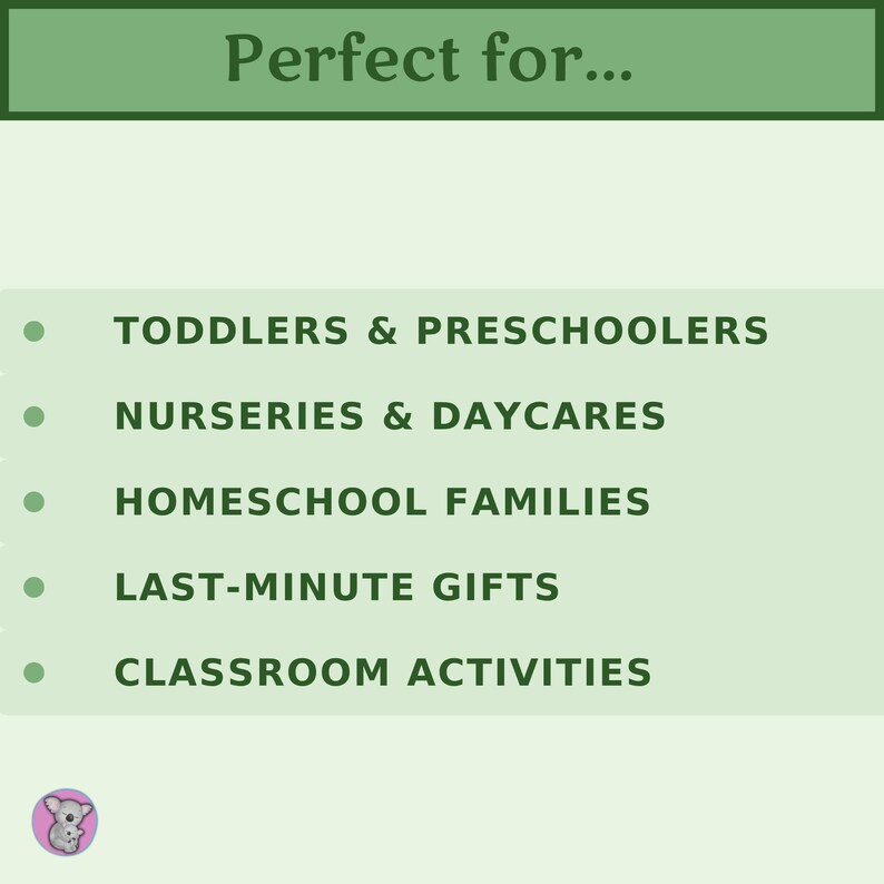 "Perfect for..." list showing printable Father's Day card is ideal for toddlers, preschoolers, nurseries, daycares, homeschool families, last-minute gifts, and classroom activities.