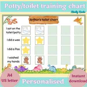 May include: A printable potty training chart featuring a dinosaur theme. The chart has spaces for stickers to mark progress with using the toilet, doing a wee, doing a poo, and washing hands. The chart is personalized with the name "Arthur's toilet chart".