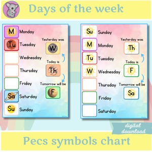 Dagen van de week-diagram voor kinderen, interactief afdrukbaar met PECS-kaarten en planeetsymbolen, op Montessori geïnspireerd dagelijks leerbord. Pdf