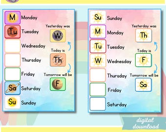 May include: A colorful chart titled "Days of the Week" with PECS symbols. The chart displays the days of the week with corresponding symbols and the phrases "Yesterday was", "Today is", and "Tomorrow will be". The words "digital download" are also visible.