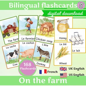 On the farm, bilingual flashcards English-French, Printable  Three-Part Montessori Cards,  Nomenclature, educational tools for preschoolers