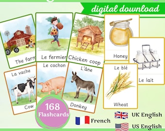 On the farm, bilingual flashcards English-French, Printable  Three-Part Montessori Cards,  Nomenclature, educational tools for preschoolers