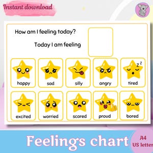 Könnte beinhalten: Ein druckbares Gefühlsdiagramm für Kinder mit einem gelben Stern mit verschiedenen Gesichtsausdrücken, die Emotionen wie glücklich, traurig, albern, wütend, müde, aufgeregt, besorgt, ängstlich, stolz und gelangweilt darstellen. Das Diagramm enthält den Text "Wie fühle ich mich heute?" und "Heute fühle ich mich".