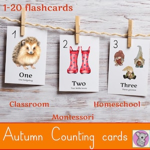 Maths d&#39;automne imprimables, cartes numériques nature automne, Thanksgiving préscolaire classe homeschool comptage flashcards