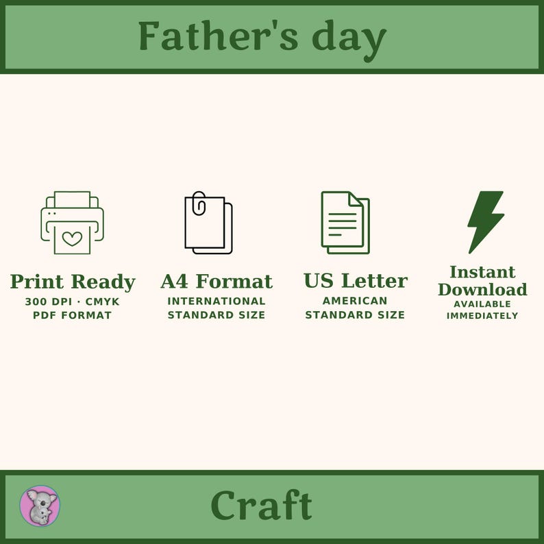 Father's Day dinosaur handprint card features: print ready 300 DPI CMYK PDF format, A4 international size, US Letter size, and instant download available immediately after purchase.