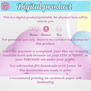 K&ouml;nnte beinhalten: Eine digitale Produktank&uuml;ndigung mit einem rosa, blauen und gelben Hintergrund. Der Text lautet "Digitales Produkt" und erkl&auml;rt, dass es sich um ein digitales Produkt/Druckvorlage handelt. Es wird kein physischer Artikel an Sie versandt. Der Text erkl&auml;rt auch, dass das Produkt nur f&uuml;r den pers&ouml;nlichen Gebrauch bestimmt ist und dass es keine kommerzielle Lizenz f&uuml;r dieses Produkt gibt. Der Text erkl&auml;rt auch, dass die Dateien nach Abschluss der Zahlung sofort &uuml;ber den Webbrowser auf Ihrem Etsy-Konto in Ihrem Kauf-Tab unter Ihrem Profil verf&uuml;gbar sind. Der Text erkl&auml;rt auch, dass Sie JPG-Downloads im Format US Letter, A4 erhalten. Die Dokumente sind druckfertig. Der Text empfiehlt auch, auf Kartonpapier zu drucken und zu laminieren.