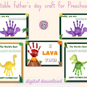Plantilla de tarjeta imprimible para el Día del Padre para padres y maestros: actividad manual con temática de dinosaurios para niños en edad preescolar y niños pequeños, regalo para papás.