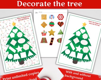 May include: Printable Christmas tree activity for kids.  Match the shapes and decorate the tree.  Includes two versions: one with a background and one without.  Print unlimited copies.  US letter and A4 sizes.