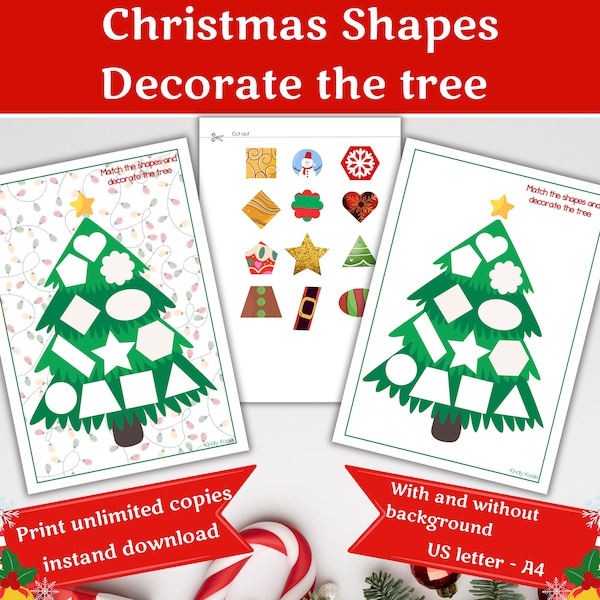 Christmas tree shape matching game for preschool kindergarten and homeschool, Educational printable for toddlers, Busy book page.