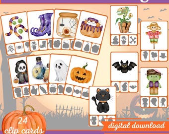 Puede incluir: Un conjunto de 24 tarjetas de clip de coincidencia de sombras de Halloween imprimibles. Las tarjetas presentan varios personajes y objetos de Halloween, como un fantasma, una calabaza, un murciélago, un sombrero de bruja, una araña, un maíz dulce, un gato negro, un caldero, un monstruo de Frankenstein y un espantapájaros. Las tarjetas están diseñadas para que los niños puedan hacer coincidir las sombras con las imágenes correspondientes.