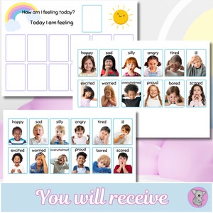 K&ouml;nnte beinhalten: Ein druckbares Diagramm mit einem Regenbogen und einem Sonnen-Motiv oben. Das Diagramm hat einen Bereich, in dem ein Kind schreiben kann, wie es sich heute f&uuml;hlt. Unter dem Schreibbereich befinden sich 12 leere K&auml;stchen. Unter den K&auml;stchen befinden sich 12 Bilder von Kindern mit verschiedenen Gesichtsausdr&uuml;cken. Jedes Bild ist mit einem Gef&uuml;hlswort beschriftet: gl&uuml;cklich, traurig, albern, w&uuml;tend, m&uuml;de, krank, aufgeregt, besorgt, &uuml;berfordert, stolz, gelangweilt und &auml;ngstlich.