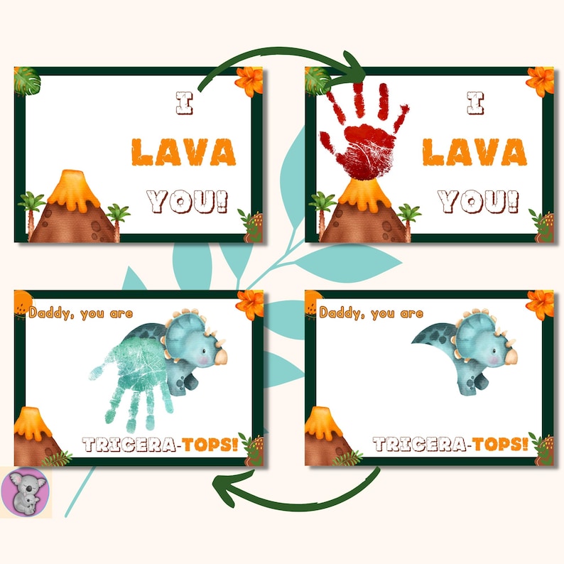 Before and after printable Father's Day dinosaur handprint cards: I Lava You volcano card with red handprint, and Tricera-Tops triceratops card with teal handprint for toddlers.