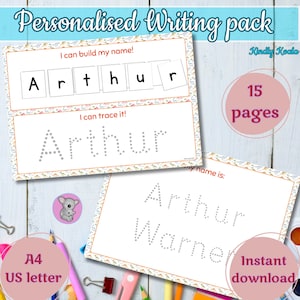 Preescritura personalizada, set para aprender a escribir, tema dinosaurios, descarga digital