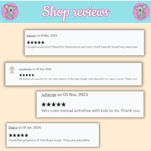May include: Four customer reviews for a printable activity book. The reviews are all positive and include five-star ratings. The reviews highlight the book's beautiful illustrations, child-friendly activities, and ease of printing.