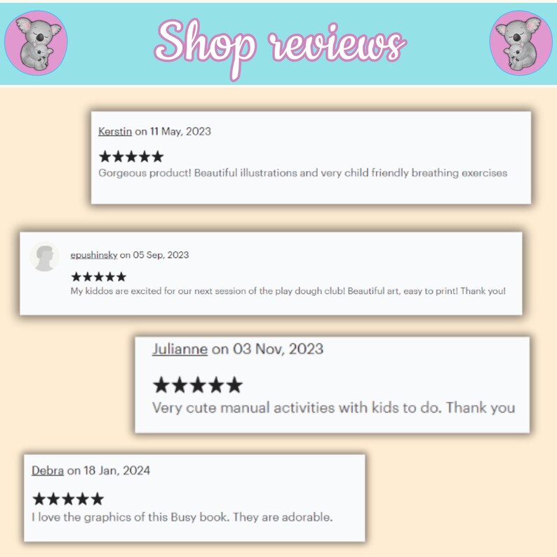 May include: Four customer reviews for a printable activity book. The reviews are all positive and include five-star ratings. The reviews highlight the book's beautiful illustrations, child-friendly activities, and ease of printing.