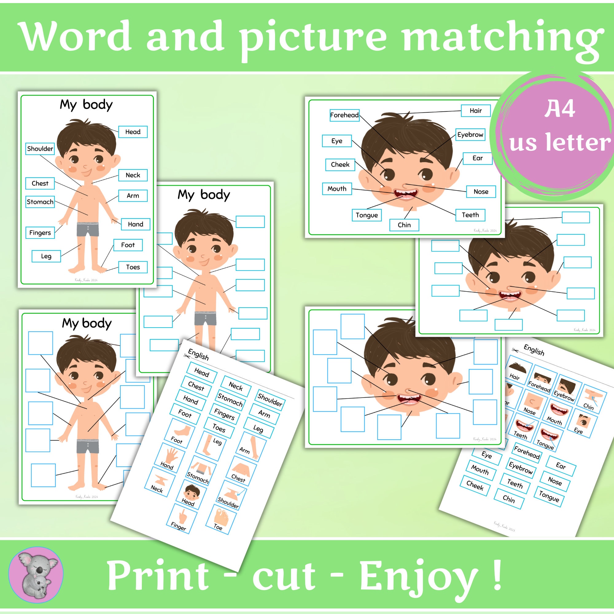 Body Parts Matching Game Flashcards and Worksheet for Children ...