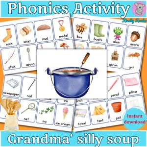 Engaging phonics activity for preschoolers! This printable silly soup game helps kids develop early literacy skills by practicing beginning sounds. Includes a pot image, ingredient cards, and a prompt card. Ideal for home education & classrooms.
