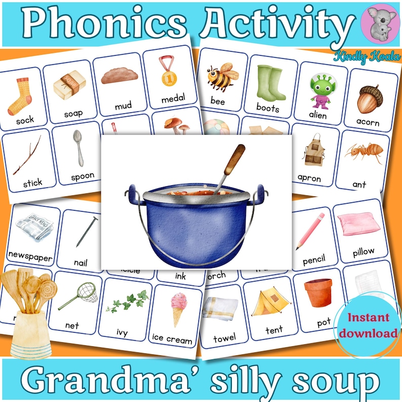 Engaging phonics activity for preschoolers! This printable silly soup game helps kids develop early literacy skills by practicing beginning sounds. Includes a pot image, ingredient cards, and a prompt card. Ideal for home education & classrooms.