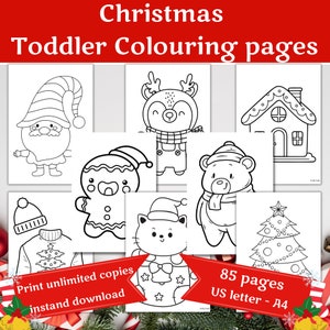 May include: A set of 85 black and white Christmas coloring pages featuring a variety of festive characters and objects, including a gingerbread person, a reindeer, a cat, a bear, a Christmas tree, a Santa Claus, and a house. The pages are designed for toddlers and are perfect for holiday activities.