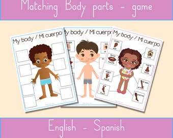 Körperteile-Matching-Spiel, Vorschul-Lernaktivität, Homeschool-Lernwerkzeug, beschäftigte Binder-Kinder, Englisch-Spanisch