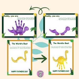 Printable Father's Day dinosaur handprint card showing before and after — purple Roar-Some brontosaurus card and yellow Daddy-Saurus card, with and without child's handprint stamped on.