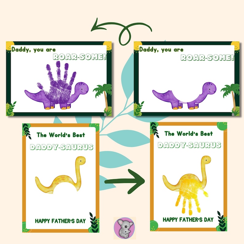 Printable Father's Day dinosaur handprint card showing before and after — purple Roar-Some brontosaurus card and yellow Daddy-Saurus card, with and without child's handprint stamped on.