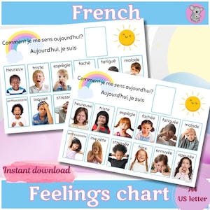 French Emotions & Feelings Chart, Real pictures/photos. Perfect for Toddlers, SEN, Autism, and ADHD Preschool Printable, tableau d'émotions
