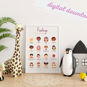 Imprimible para niños / Gráfico de sentimientos / Carteles de emociones / Inglés y francés / Decoración de la pared de la habitación del niño / Recurso de educación en el hogar / Montessori