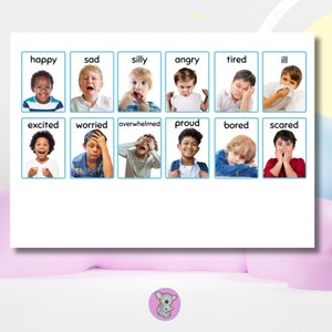 K&ouml;nnte beinhalten: Eine Tabelle mit 12 Bildern von Kindern, die verschiedene Emotionen ausdr&uuml;cken. Die Emotionen sind mit W&ouml;rtern beschriftet: gl&uuml;cklich, traurig, albern, w&uuml;tend, m&uuml;de, krank, aufgeregt, besorgt, &uuml;berfordert, stolz, gelangweilt und &auml;ngstlich.