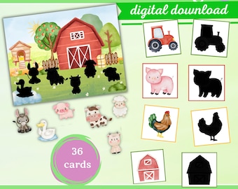 May include: A printable shadow matching game for kids featuring farm animals and a red barn. The game includes 36 cards and the text "Shadow matching digital download On the farm".