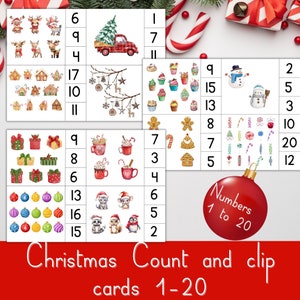 Cartões de contagem de Natal, jogo de contagem para crianças, centro de matemática pré-escolar, imprimíveis de aprendizagem em casa para férias, planilhas de matemática