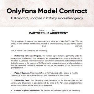 Op de afbeelding: Een wit document getiteld "OnlyFans Model Contract" met de tekst "Volledig contract, bijgewerkt in 2023 door succesvol agentschap." Het document is een partnerschapsovereenkomst.