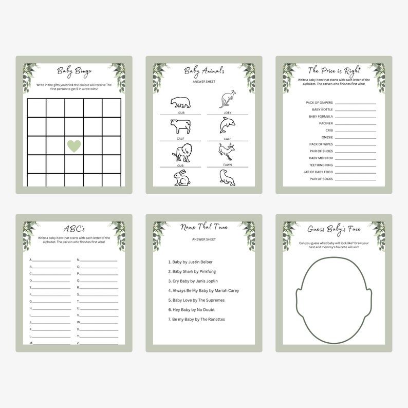 Greenery Printable Baby Shower Games Etsy