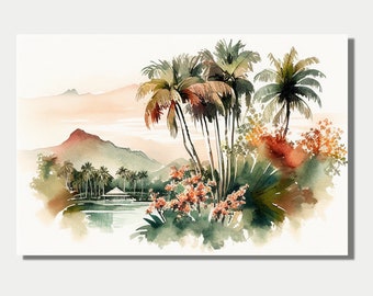 Polynesisch landschap, aquarel || Digitale download voor tropische wanddecoratie || Afdrukbare affiche