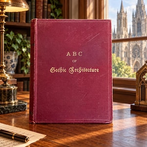 May include: A hardcover book with a deep red fabric cover featuring gold embossed text that reads ABC OF Gothic Architecture. The book is positioned upright on a wooden surface, displaying a rectangular shape with visible spine details.