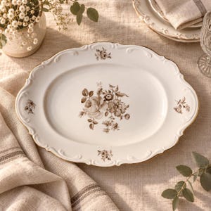 May include: An oval white ceramic serving platter featuring a central brown floral bouquet and smaller floral accents along the scalloped, gold-trimmed rim. The platter has a smooth, glossy finish and a raised, decorative edge detail.