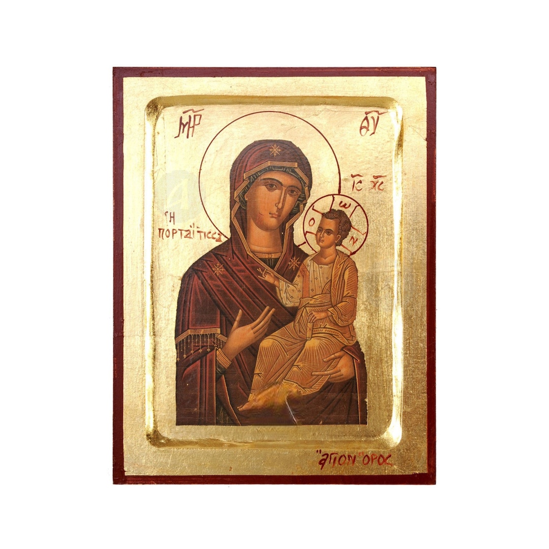 Virgin Mary Portaitissa Iviron Handmade Icon Golden Leaves Plated