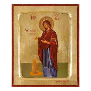 Virgin Mary Gerontissa Handmade Icon Golden Leaves Plated